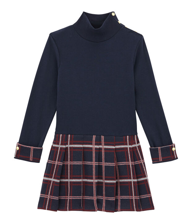 Girl's dual fabric polo neck dress blue/multicolor