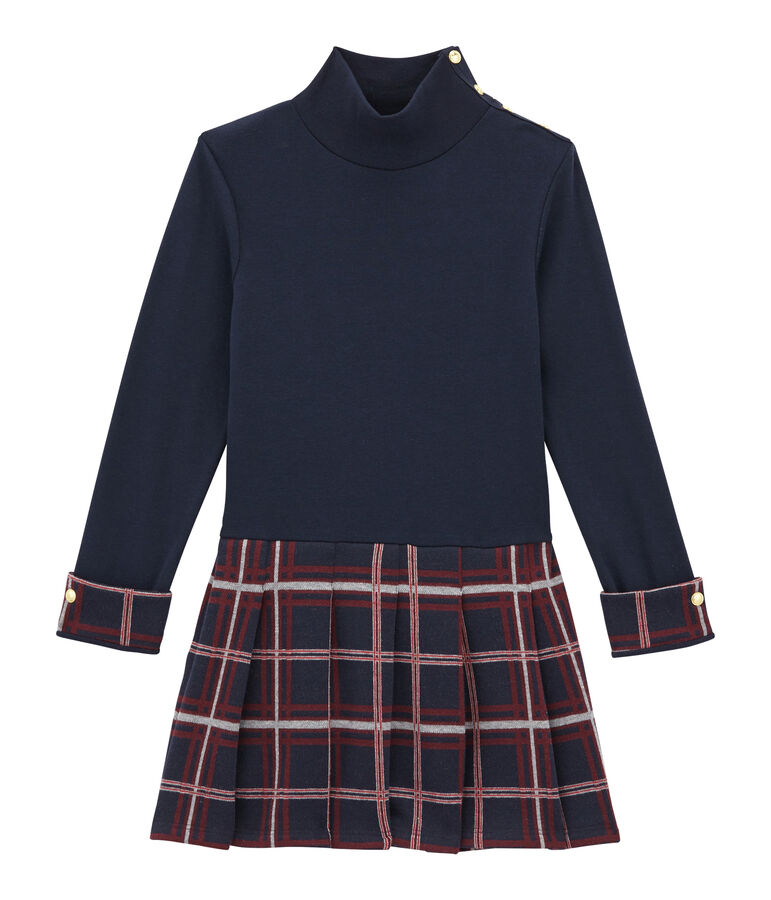 Girl's dual fabric polo neck dress blue/multicolor