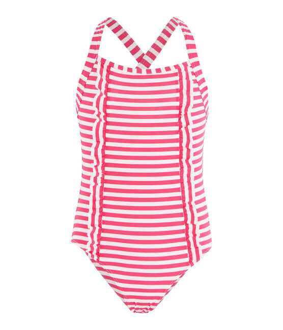 Stripy one-piece swimsuit with ruffle details. GEISHA pink/MARSHMALLOW white