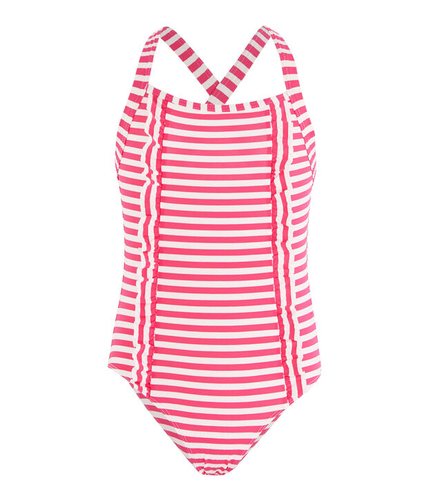 Stripy one-piece swimsuit with ruffle details. pink/white