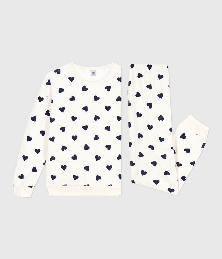 Women's cotton terry pyjamas printed with hearts Ecru/blue