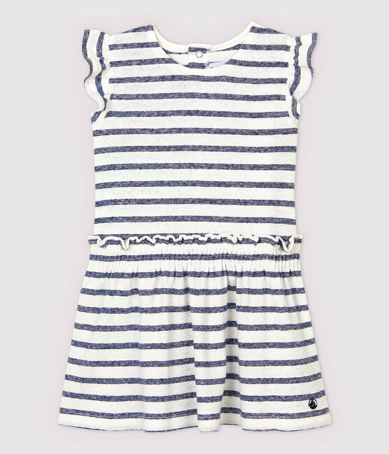 Baby Girls' Stripy Cotton and Linen Blend Short-Sleeved Dress MARSHMALLOW white/MEDIEVAL blue