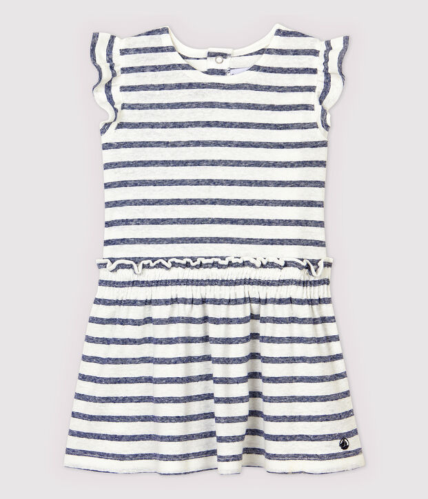 Baby Girls' Stripy Cotton and Linen Blend Short-Sleeved Dress white/blue