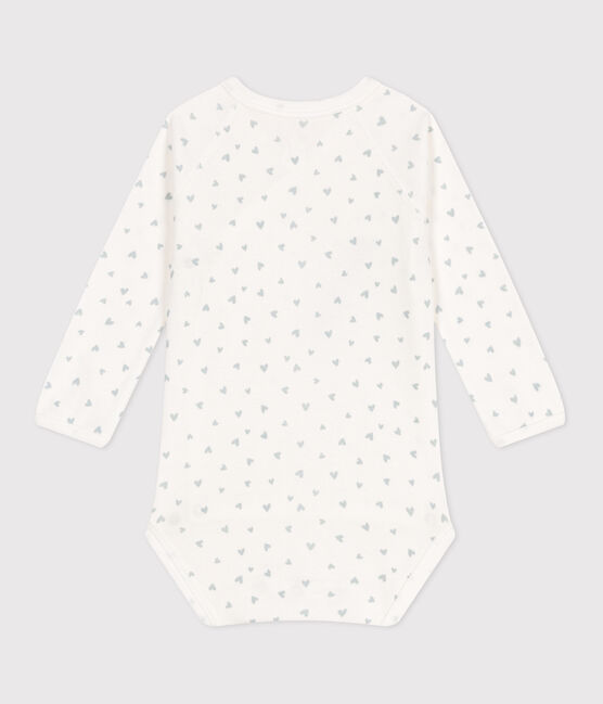 Babies' long-sleeved wrapover cotton bodysuit MARSHMALLOW blue/GOMME white