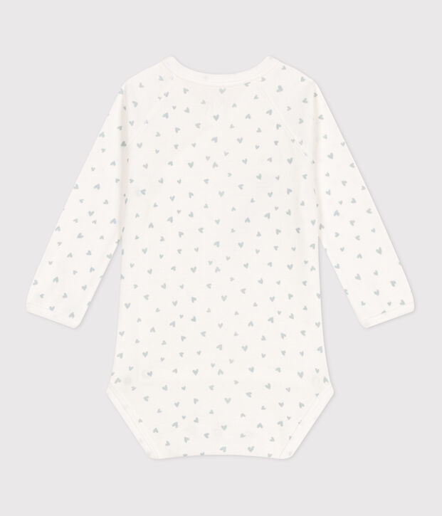 Babies' long-sleeved wrapover cotton bodysuit white/blue