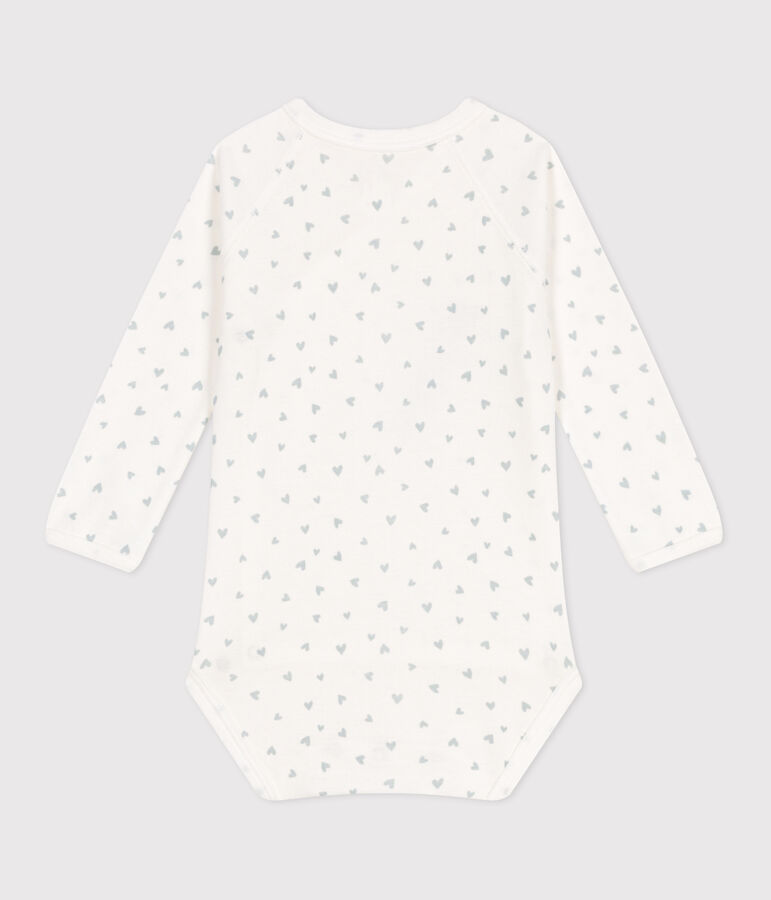 Babies' long-sleeved wrapover cotton bodysuit white/blue