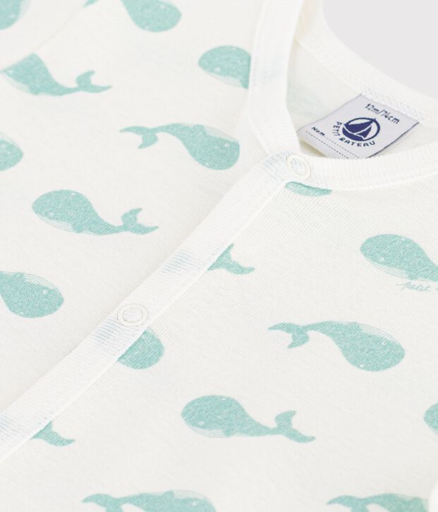 Babies' whale print cotton playsuit white/blue
