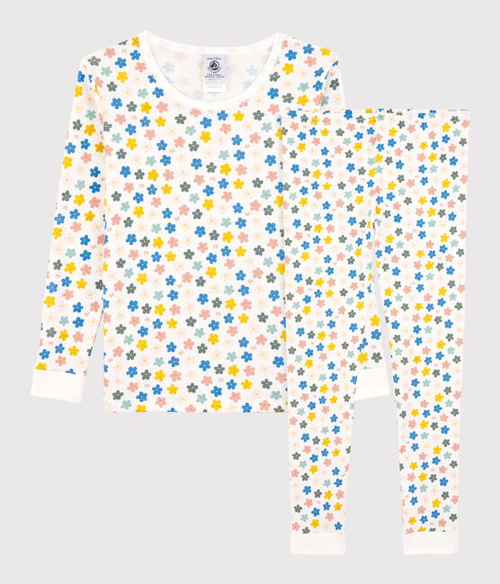 Girls' Glow-In-The-Dark Retro Floral Snugfit Cotton Pyjamas MARSHMALLOW white/MULTICO white
