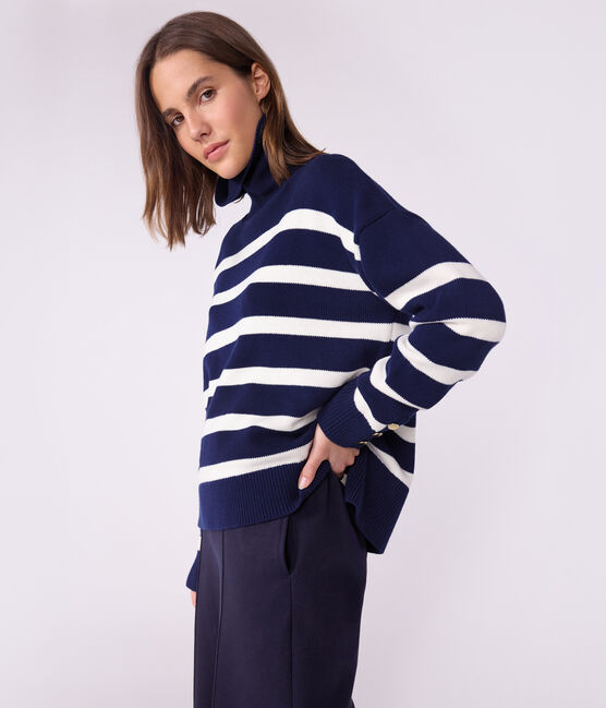 Women's striped wool and cotton jumper with a stand-up collar SOIR blue/MARSHMALLOW