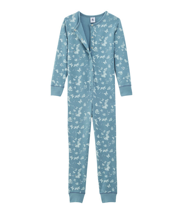 Girls' Long all-in-one in Cotton blue/white