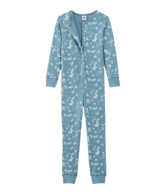 Girls' Long all-in-one in Cotton FONTAINE blue/MARSHMALLOW white