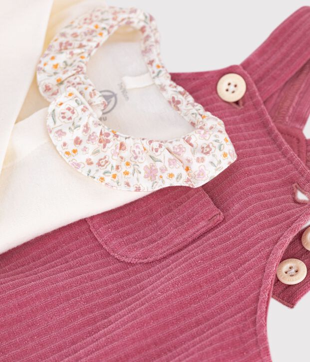 Ensemble salopette et body b&eacute;b&eacute; en coton avec col uni pink/ecru