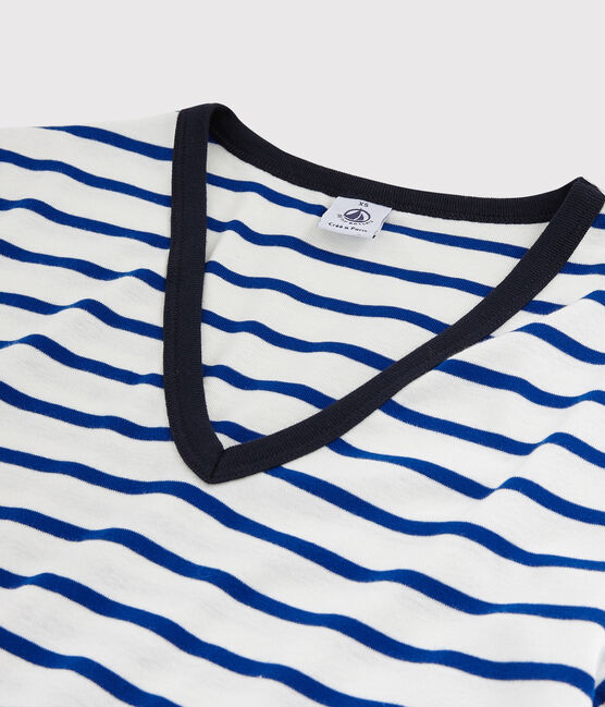 Women's Iconic V-Neck Cotton T-Shirt MARSHMALLOW white/SURF blue
