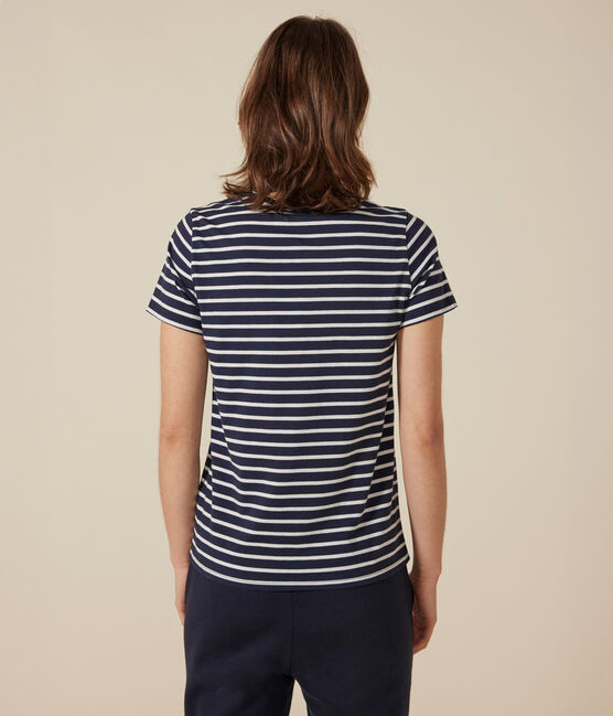 Women's Straight Round-Neck Cotton T-Shirt SMOKING blue/MARSHMALLOW white