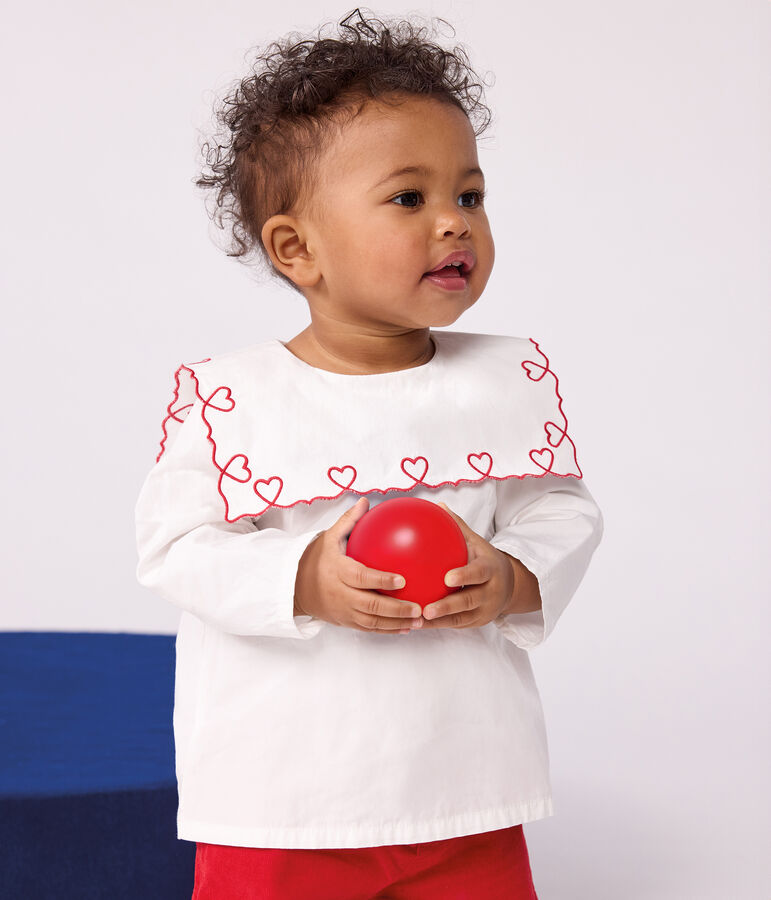 Babies' long-sleeved cotton poplin blouse with embroidered hearts white