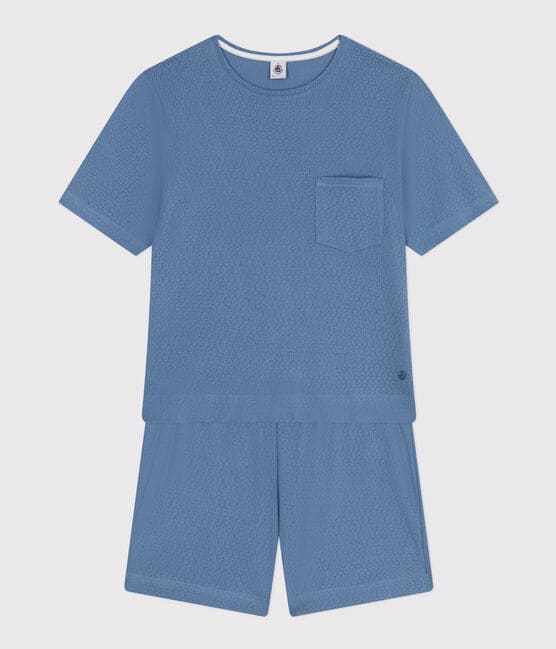 Women's openwork cotton pyjama shorts and plain T-shirt BEACH blue