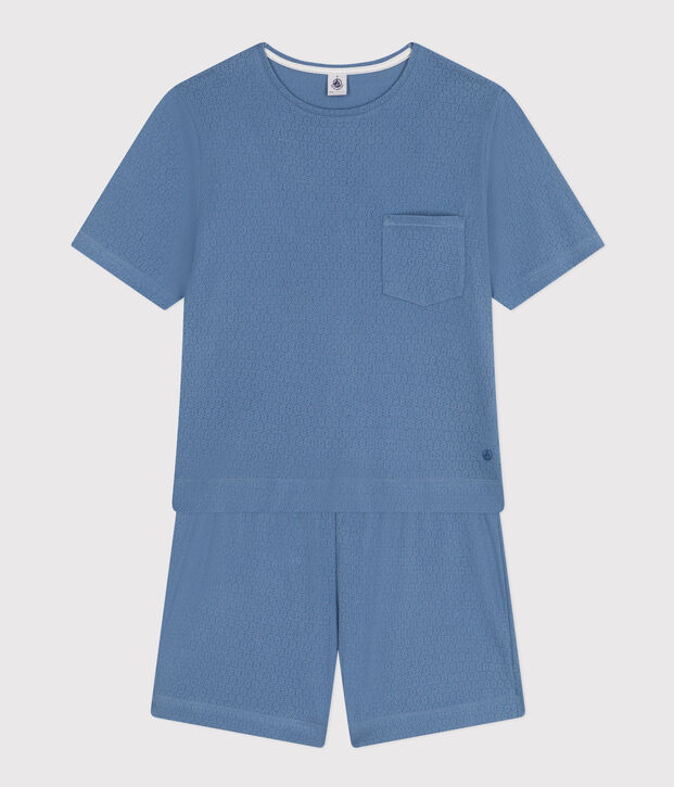 Women's openwork cotton pyjama shorts and plain T-shirt blue