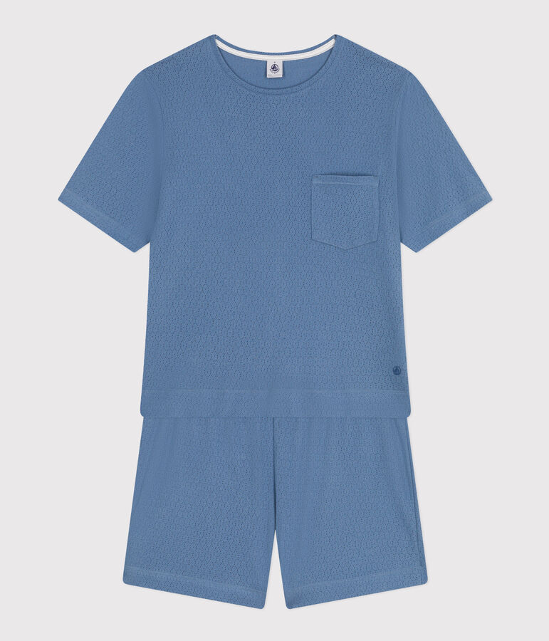 Women's openwork cotton pyjama shorts and plain T-shirt blue