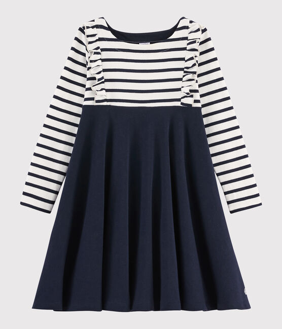 Girl's Long-sleeved Dress MARSHMALLOW white/SMOKING blue