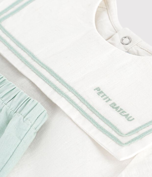 Babies' 2-piece cotton/linen outfit, with a sailor collar top white/blue