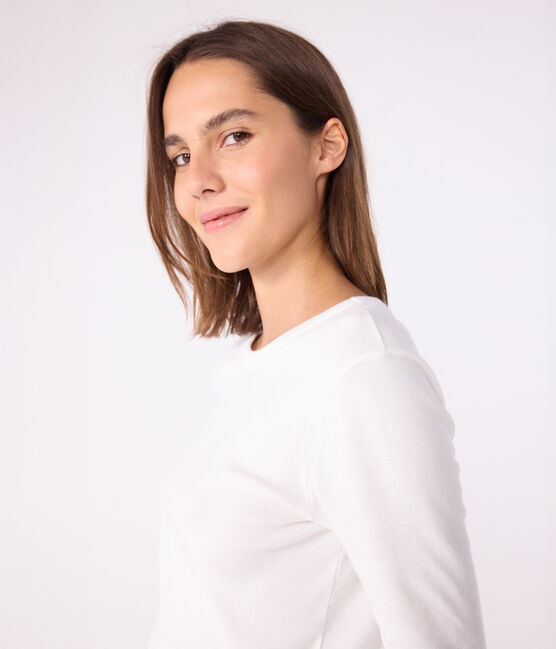 Women's iconic long-sleeved plain rib knit T-shirt ECUME white