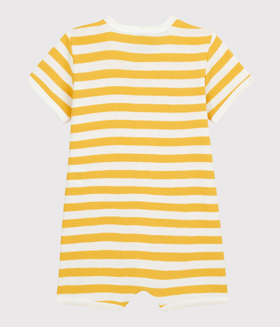 Babies' Stripy Cotton Playsuit OCRE yellow/MARSHMALLOW white