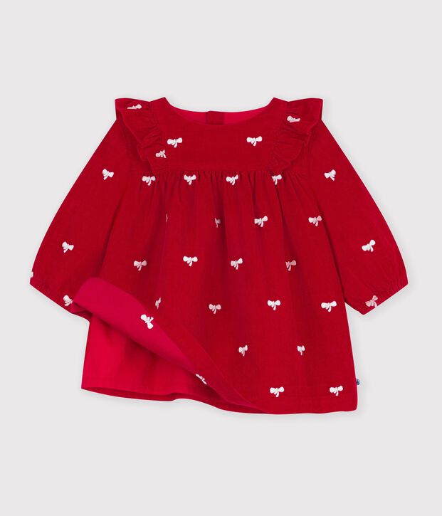 Babies' dress in velour with long sleeves and bow motif embroidery red/ecru