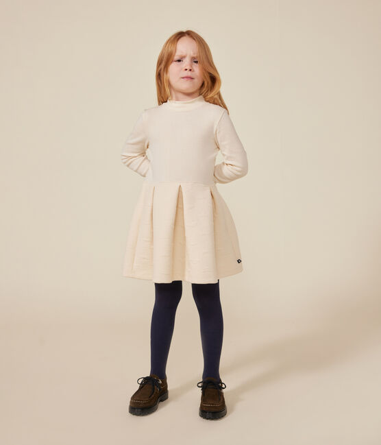 Girls' long-sleeved dress in two materials AVALANCHE Ecru