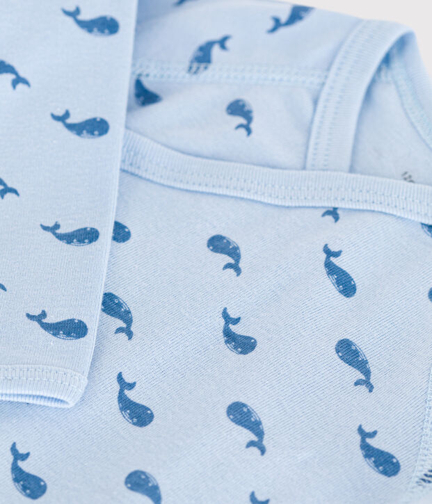 Babies' long-sleeved wrapover cotton bodysuit blue/blue