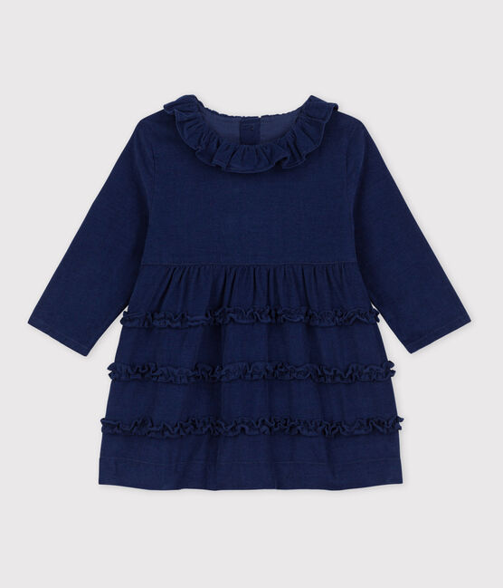 Babies' Long-Sleeved Super Fine Velour Dress BLEU FONCE