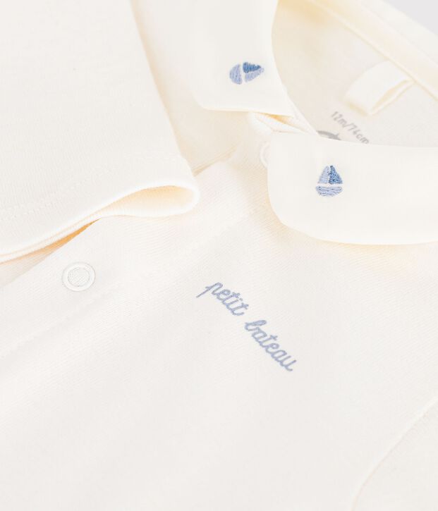 Babies' long-sleeved plain cotton body with an embroidered collar blue/blue