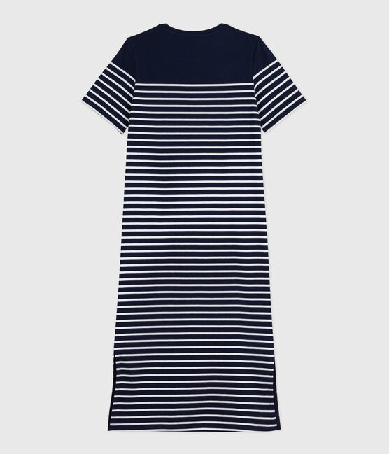 Women's long striped cotton dress SMOKING blue/MARSHMALLOW white