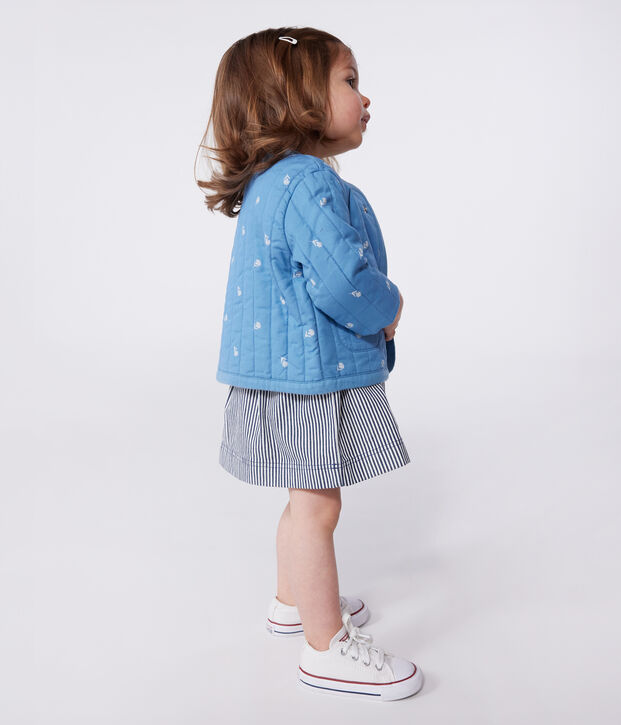 Babies' quilted cotton jacket, printed with little flowers blue/white