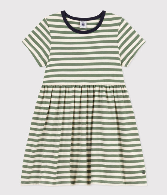 Girls' Stripy Short-Sleeved Cotton Dress CROCO green/AVALANCHE