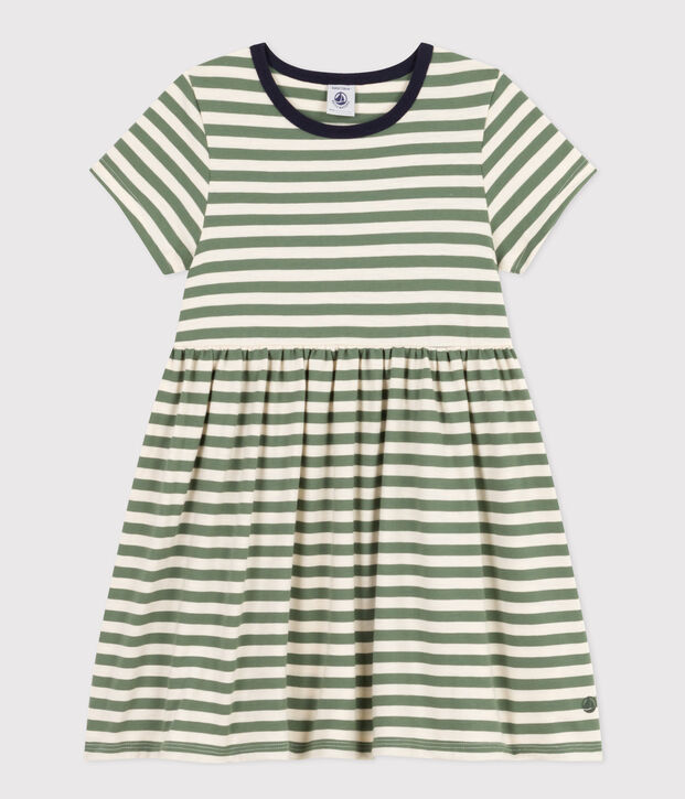 Girls' Stripy Short-Sleeved Cotton Dress green/ecru