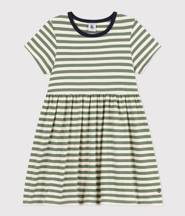 Girls' Stripy Short-Sleeved Cotton Dress green/ecru