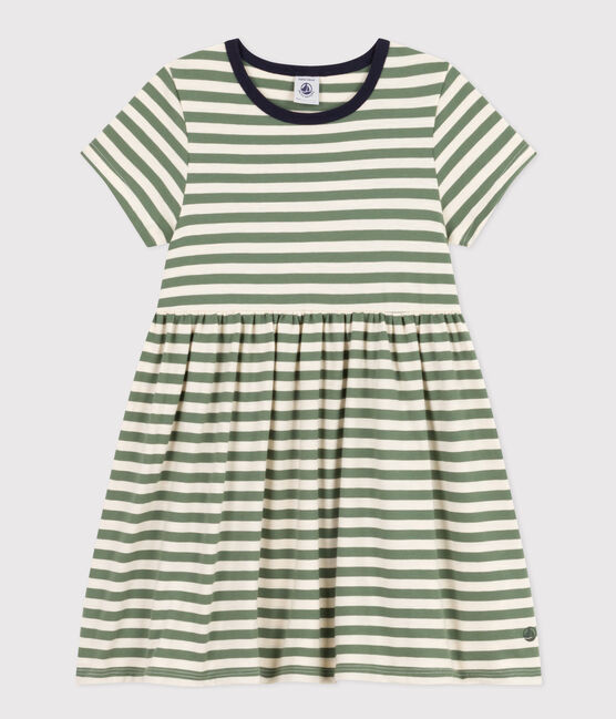 Girls' Stripy Short-Sleeved Cotton Dress CROCO green/AVALANCHE