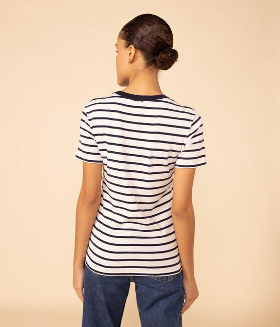 Women's Iconic Cotton Round Neck T-Shirt MARSHMALLOW white/SMOKING blue