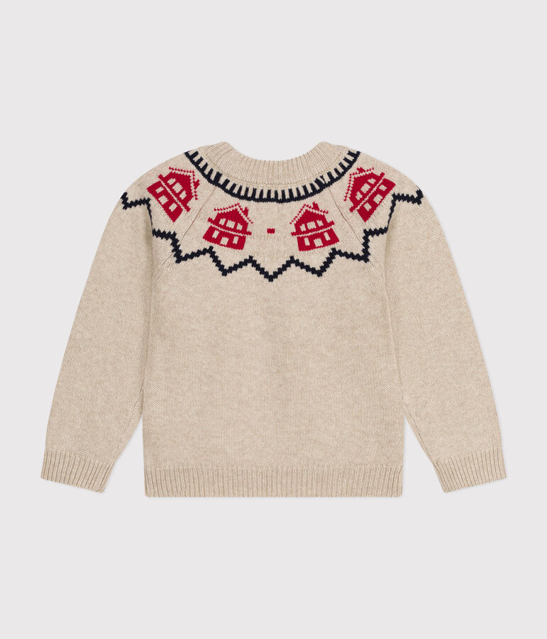 Unisex wool and cotton jacquard knit pullover beige/multicolor