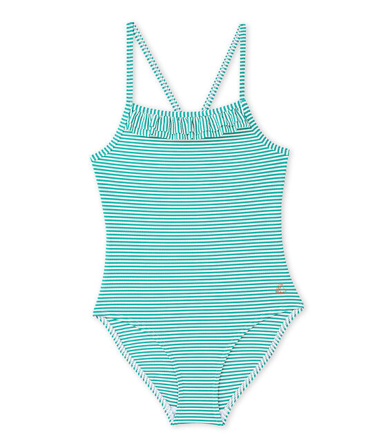 Girl's one-piece swimsuit FLAG green/LAIT white