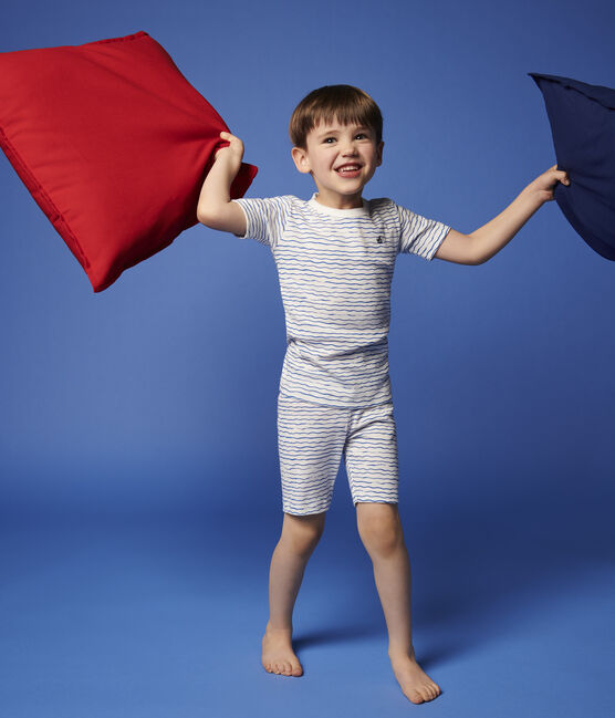 Boys' Snugfit Wave Print Cotton Short Pyjamas MARSHMALLOW white/COOL blue