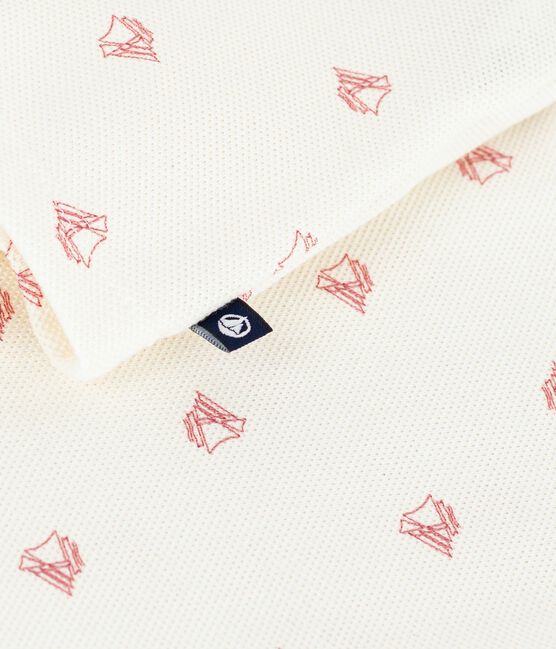 Babies' short-sleeved cotton polo shirt printed with vintage boats MILK red/POMPEI