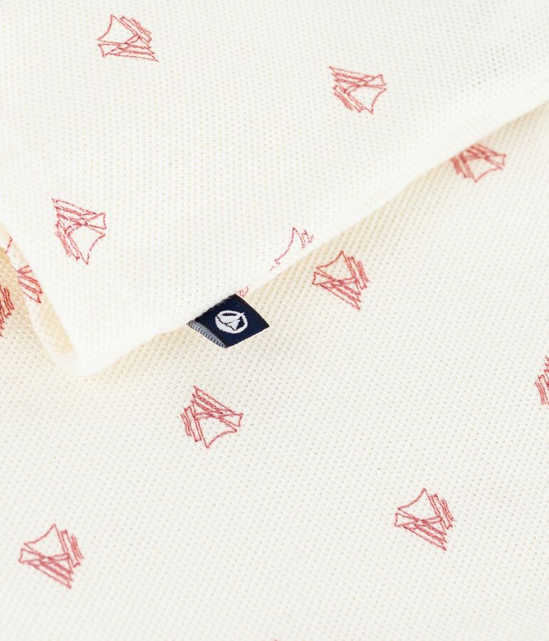 Babies' short-sleeved cotton polo shirt printed with vintage boats Ecru/red