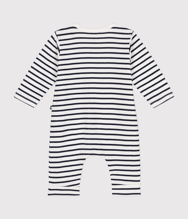 Babies' full-length jumpsuit in tube knit white/blue