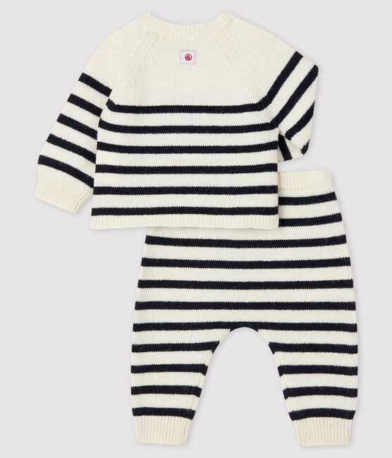 Babies' Stripy Wool Knit Clothing - 2-Piece Set MARSHMALLOW white/SMOKING blue