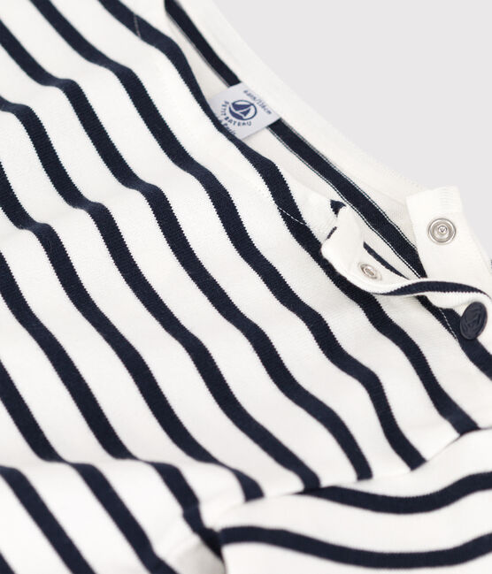 Girls' Stripy Short-Sleeved Cotton T-Shirt MARSHMALLOW white/SMOKING blue