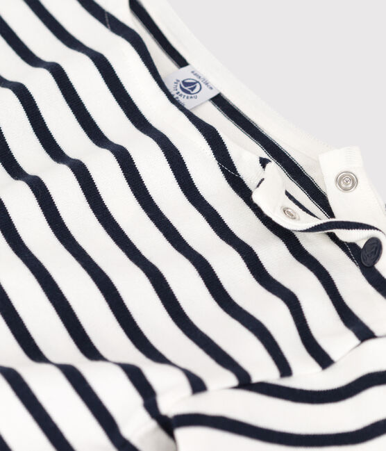 Girls' Stripy Short-Sleeved Cotton T-Shirt MARSHMALLOW white/SMOKING blue