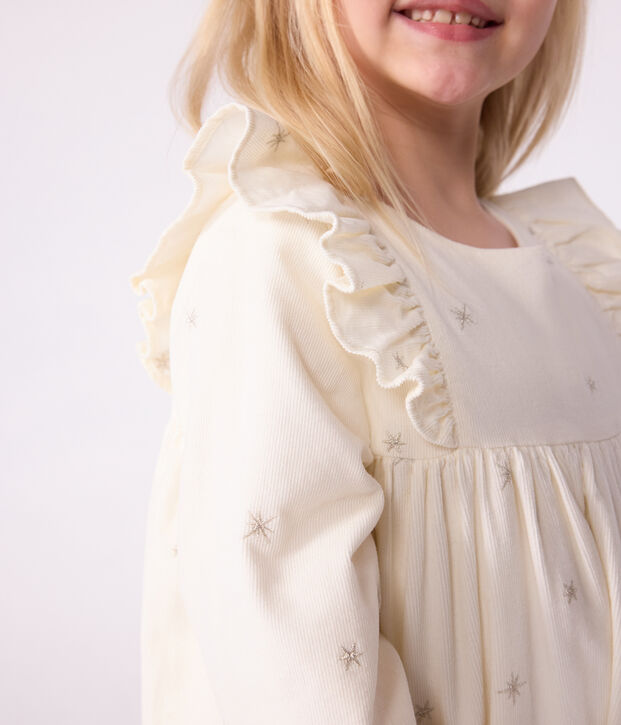 Children's long-sleeved plain corduroy dress Ecru/grey