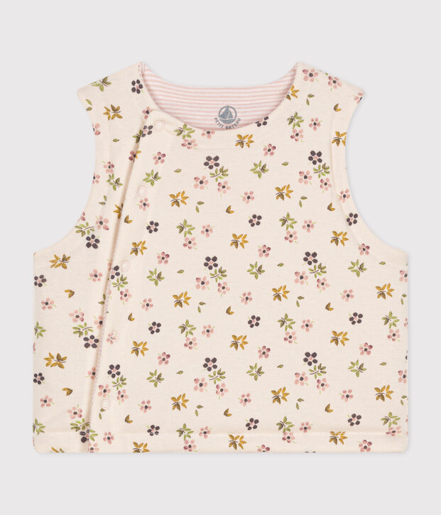 BABIES' REVERSIBLE SLEEVELESS COTTON CARDIGAN Ecru/brown