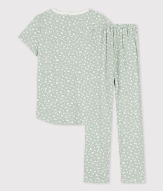 Girls' Short-Sleeved Floral Cotton Pyjamas HERBIER green/MARSHMALLOW